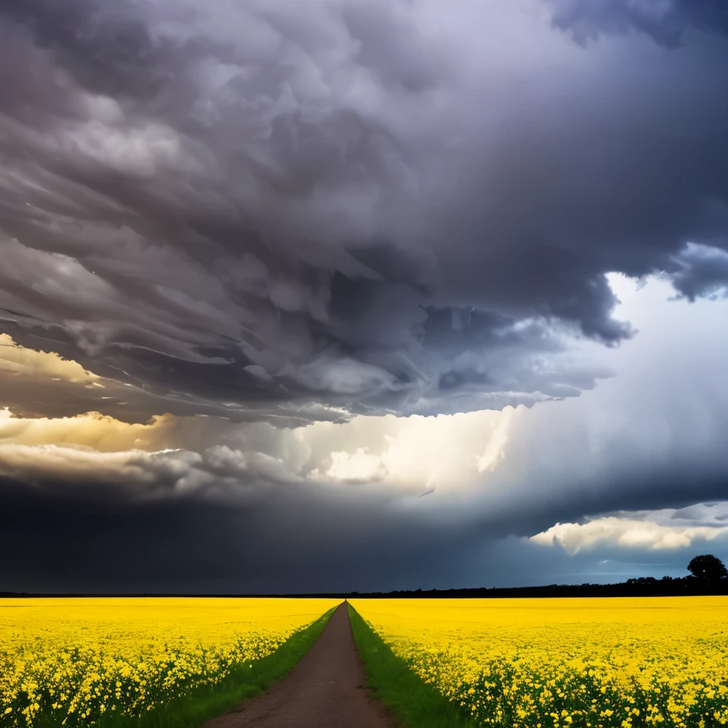 arafed view of a field of yellow flowers with a dark sky, a picture by Gerard Soest, flickr, color field, beautiful and ominous, bad weather approaching, vibrant but dreary gold, against a stormy sky, ominous beautiful mood, ominous photo, stormy day, yellow and greens, storm in the distance, storm in distance, yellow and green