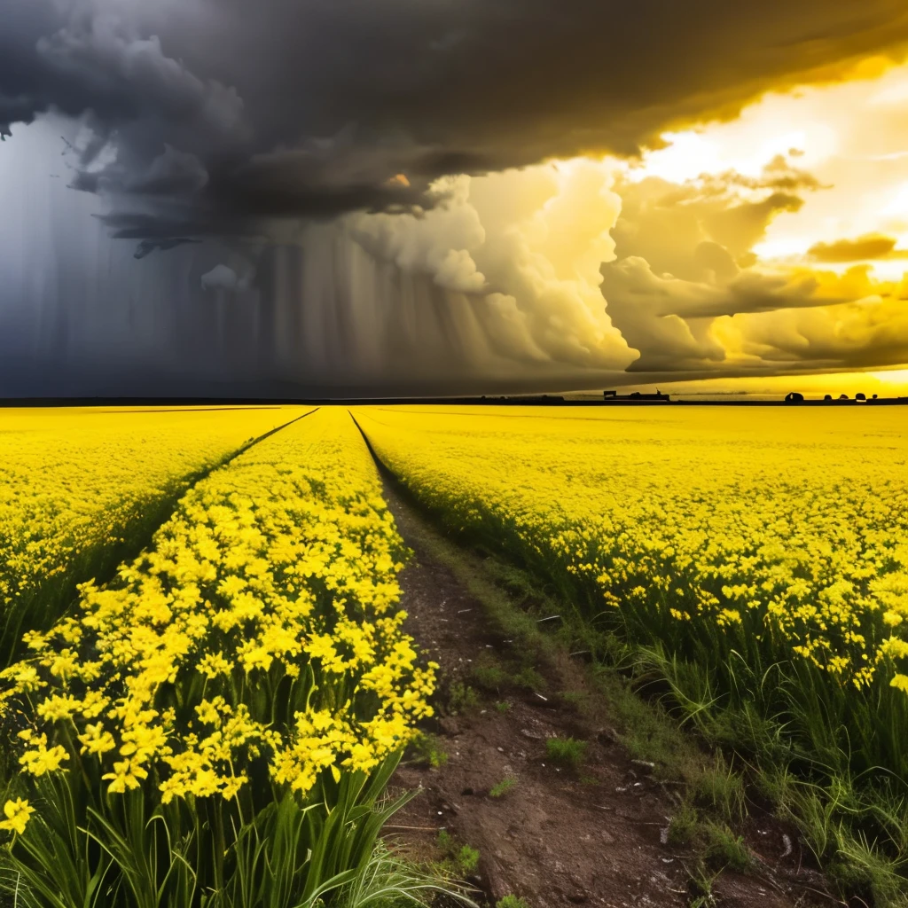 arafed view of a field of yellow flowers with a dark sky, a picture by Gerard Soest, flickr, color field, beautiful and ominous, bad weather approaching, vibrant but dreary gold, against a stormy sky, ominous beautiful mood, ominous photo, stormy day, yellow and greens, storm in the distance, storm in distance, yellow and green