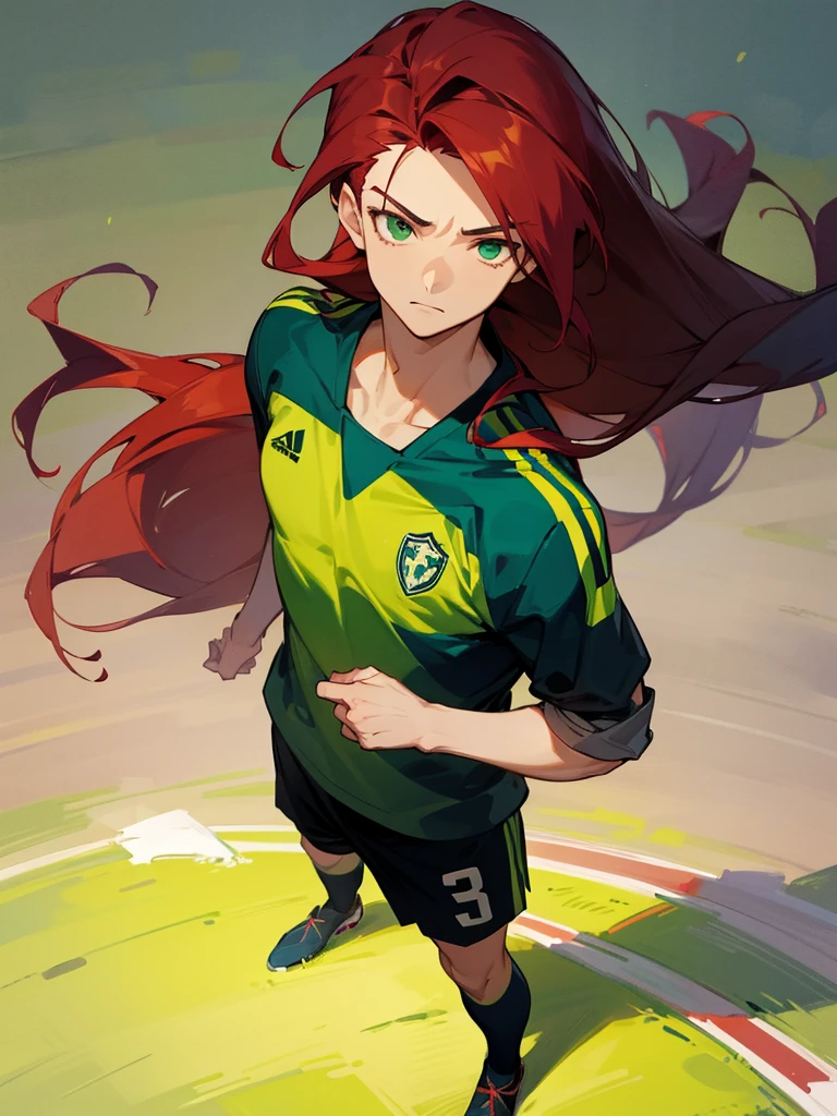 1male, soccer play, dark red hair, flowing hair, green eyes, soccer jersey, expressionless, soccer field background, detailed background, hands to side, standing on path