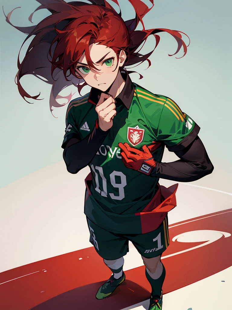 1male, soccer play, dark red hair, flowing hair, green eyes, soccer jersey, expressionless, soccer field background, detailed background, hands to side, standing on path