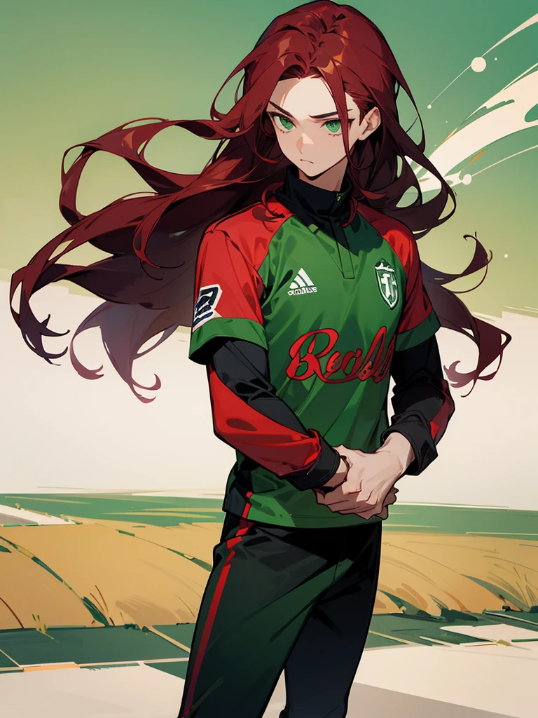 1male, soccer play, dark red hair, flowing hair, green eyes, soccer jersey, expressionless, soccer field background, detailed background, hands to side, standing on path