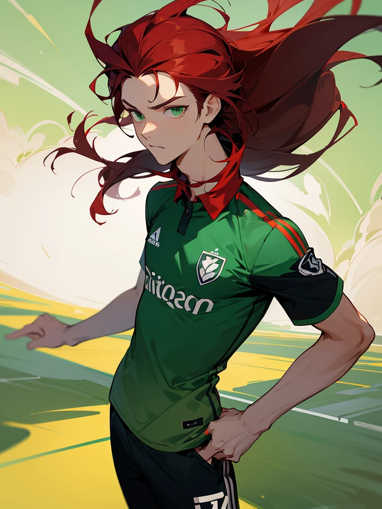 1male, soccer play, dark red hair, flowing hair, green eyes, soccer jersey, expressionless, soccer field background, detailed background, hands to side, standing on path