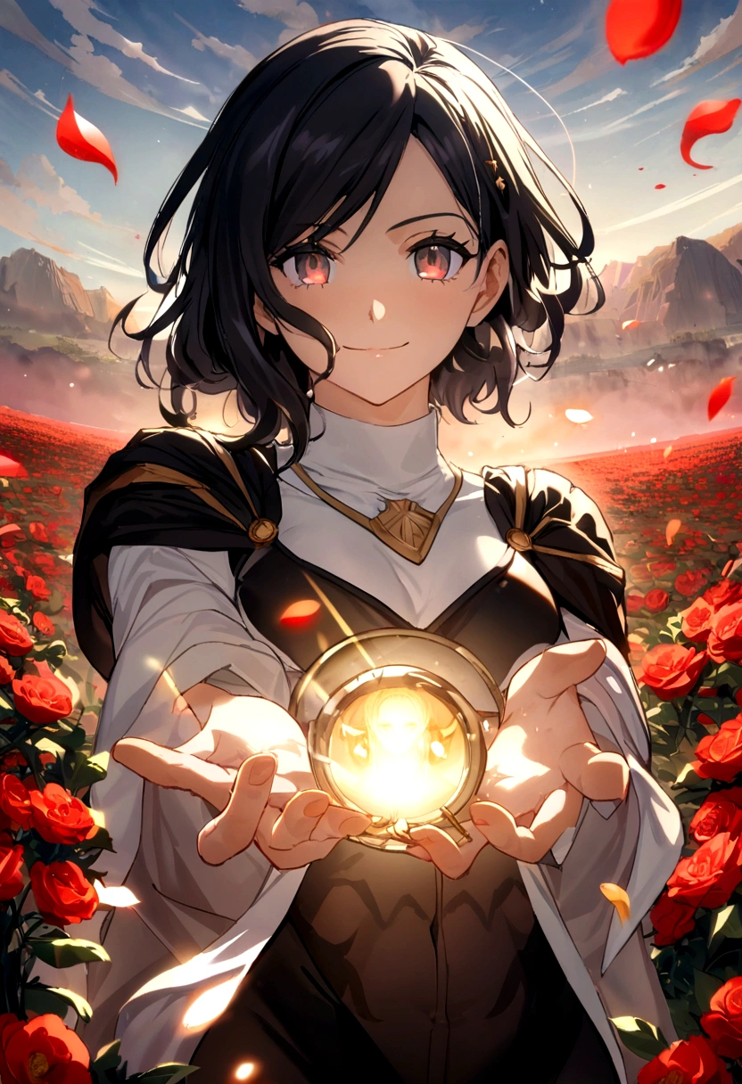 vista, Panorama, perspectiva, profundidad de campo, Busto, parte superior del cuerpo, cinematic angle, Obra maestra, mejor calidad, Ultra detallado, cg, fondo de pantalla 8k, hermoso rostro, ojos delicados, una doncella, Solo, sonrisa, cabello plateado, Ojos dorados, piel blanca, hebras de cabello, bufanda roja, Vestido de noche blanco, campo de rosas, Flores rojas, rosas, campo de flores, Petals, Flying Petals, sonriente
