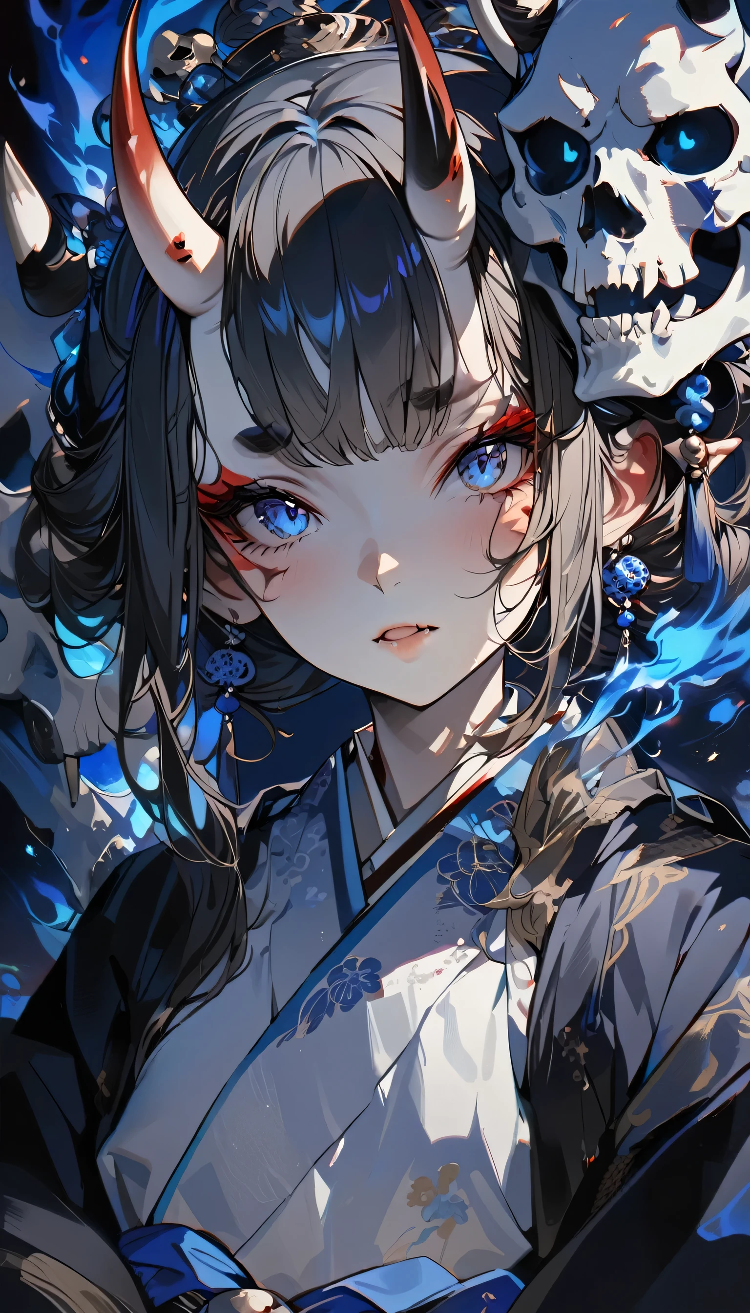 Oni, oni girl, Japanese style, kimono, (((masterpiece))), many decorations, blue flame, skull, extremely fine, high quality, high definition, high quality, 8k, upper body, portfolio, portrait