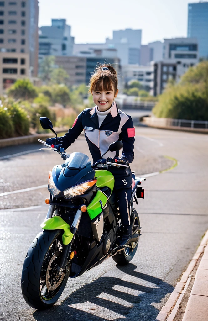 Glowing Korean beauty with cybernetic arm,(Transparent and revealing clothing:1.3, ),(Cyber Girl is、Ride your green Kawasaki Ninja 250 motorbike through a futuristic city:1.3),mini skirtを履いてバイクに跨り白いパンティが見えてます、kawasaki ninja250、Showing her white panties.、 (Ultra mini skirt:1.3)、Shiny light brown and orange striped ponytail hair,Cute Smile,Perfect round face,A bright smile that makes everyone happy,Proper body balance,Tabletop,Ultra-high quality output images,High resolution,Intricate details,Very delicate and beautiful hair,Realistic photos,dream-like,Professional Lighting,Realistic Shadows,Focus Only,Beautiful Hands,Beautiful fingers,Detailed functions of the fingers,Detailed characteristics of the garment,Detailed characteristics of hair,Detailed facial features,
