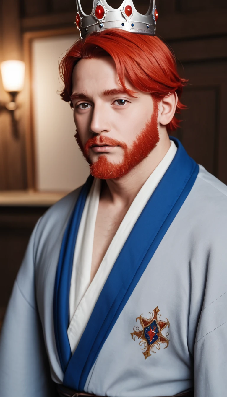 Arafed man with a blue crown and robe, red-haired and graying medieval king, red-haired beard, thinning beard, age 50 years, short hair, portrait of emperor of humanity, highly detailed character, painted in high resolution.