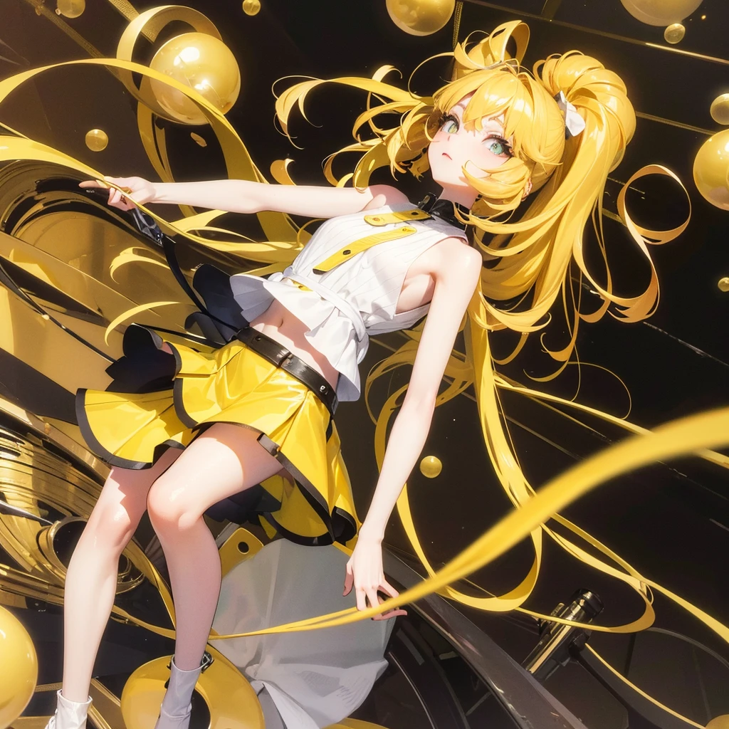 girl in a very short skirt, yellow hair in tangles, full height, bottom view , 3D wallpaper.