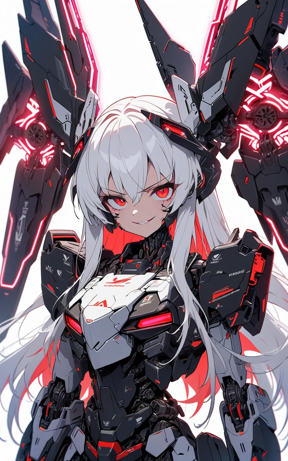 [(WHITE BACKGROUND:1.5)], (((masterpiece))), (upper body), 1 women, ((cyborg girl)), solo, white hair, long hair, Red inner hair, Red eyes, science fiction, (mecha musume:1.5), ((Assault type)), mechanical parts, Red headgear, mechanical wings and tails, ((mechanical Black HeavyArmor)), ((neon light Red)), Anime style, Evil smile,