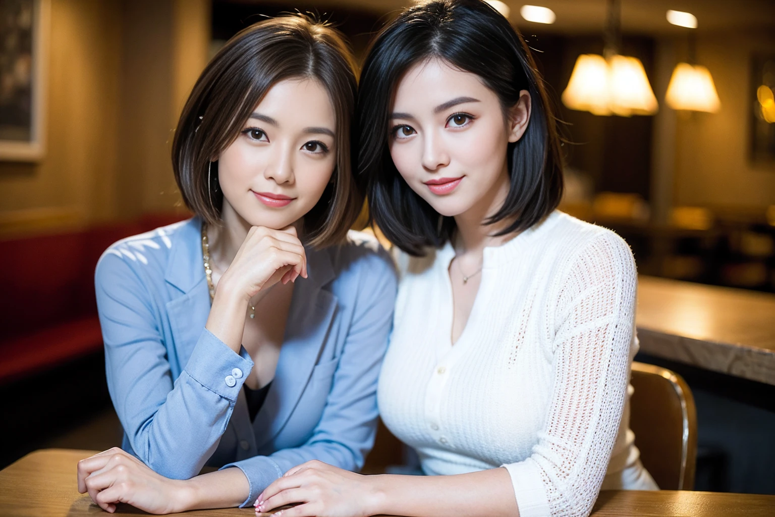 ((Highest quality、8k、masterpiece:1.3))、1 male、1 female、Couple、spouse、Couple、The body is slim、((Bob Hale、Straight hair:1.2)), (Realistic, Intricate details:1.2), テーブルの上のwine glass、Shine light on your face、 Amazing view of the sunset sky and clouds、Amazing mountain views、A bright smile、The wonderfulness of smile、Bright image、The beauty of wine, Beautiful Face, blue eyes, The light shines on your face, Blushing, short hair,Bright Face、 (Age 43), 39 years old, red wine 、Appetizers、Italian food、Wine bottle、Champagne、sparkling wine、Two beauties、Brown Hair、Shortcuts、Long sleeve shirt、dress、Pretty Woman 1, (slimな顔), (The body is slim), (Brown Hair), (Shortcuts), cheeks turn a little red,Attractive beauty、restaurant, In a prominent place (From the waist up) Nova Frog Style, actress, model, Upper Body, White wine, slim, wine glass, 中央に置かれたwine glass, smile, (smile: 1.15), Beautiful fine grain, Depth f/2,saturation, High Contrast, Strong light and shadow,Moist Body:1.5、3D texture、Delicate eyes、Brown Hair、The hair is very shiny、