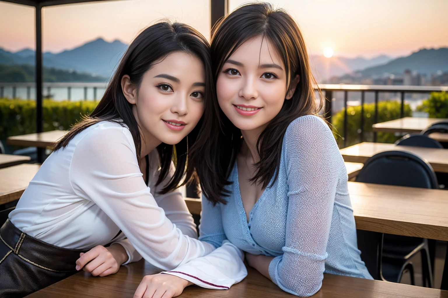 ((Highest quality、8k、masterpiece:1.3))、1 male、1 female、Couple、spouse、Couple、The body is slim、((Bob Hale、Straight hair:1.2)), (Realistic, Intricate details:1.2), テーブルの上のwine glass、Shine light on your face、 Amazing view of the sunset sky and clouds、Amazing mountain views、A bright smile、The wonderfulness of smile、Bright image、The beauty of wine, Beautiful Face, blue eyes, The light shines on your face, Blushing, short hair,Bright Face、 (Age 43), 39 years old, red wine 、Appetizers、Italian food、Wine bottle、Champagne、sparkling wine、Two beauties、Brown Hair、Shortcuts、Long sleeve shirt、dress、Pretty Woman 1, (slimな顔), (The body is slim), (Brown Hair), (Shortcuts), cheeks turn a little red,Attractive beauty、restaurant, In a prominent place (From the waist up) Nova Frog Style, actress, model, Upper Body, White wine, slim, wine glass, 中央に置かれたwine glass, smile, (smile: 1.15), Beautiful fine grain, Depth f/2,saturation, High Contrast, Strong light and shadow,Moist Body:1.5、3D texture、Delicate eyes、Brown Hair、The hair is very shiny、