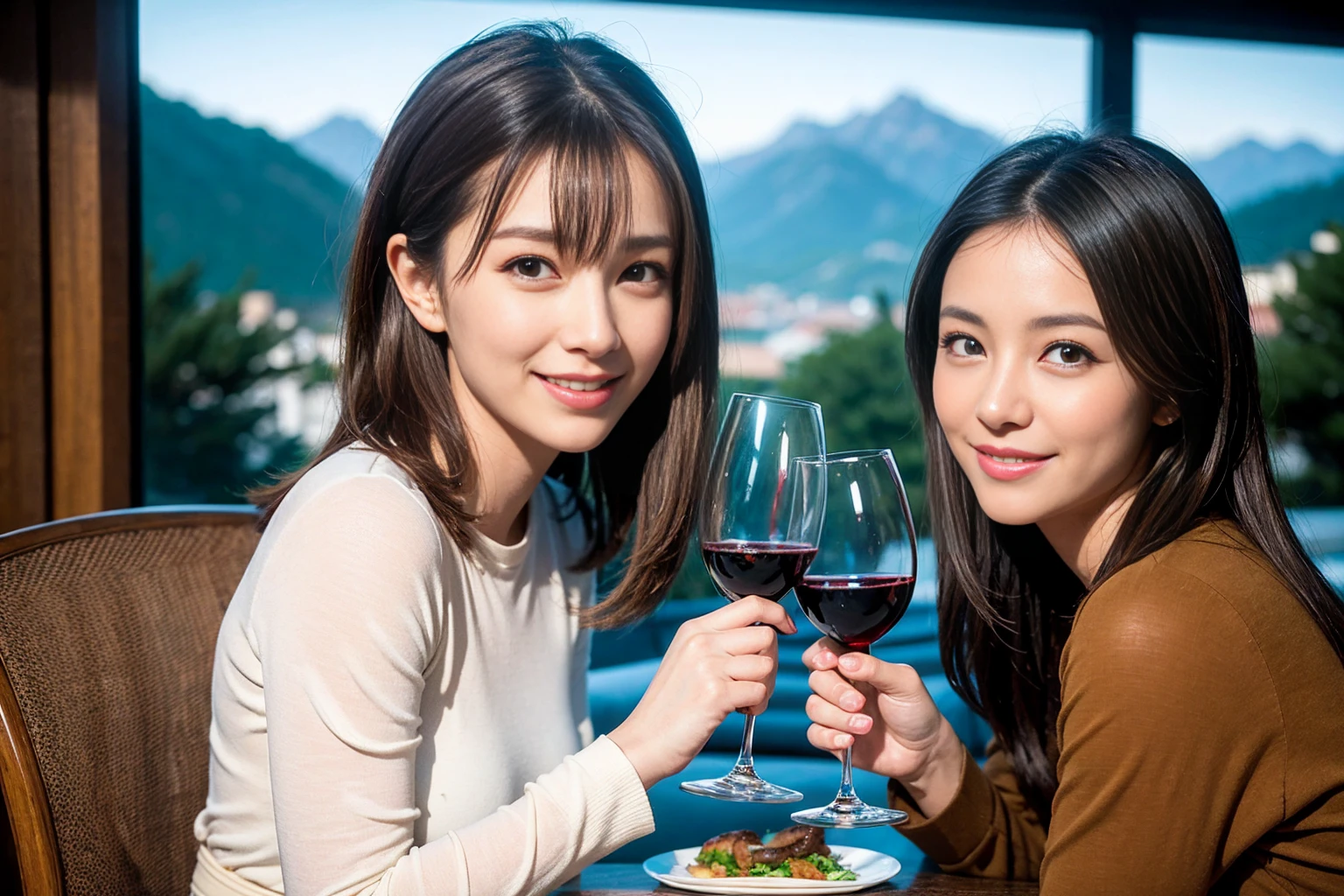 ((Highest quality、8k、masterpiece:1.3))、1 male、1 female、Couple、spouse、Couple、The body is slim、((Bob Hale、Straight hair:1.2)), (Realistic, Intricate details:1.2), テーブルの上のwine glass、Shine light on your face、 Amazing view of the sunset sky and clouds、Amazing mountain views、A bright smile、The wonderfulness of smile、Bright image、The beauty of wine, Beautiful Face, blue eyes, The light shines on your face, Blushing, short hair,Bright Face、 (Age 43), 39 years old, red wine 、Appetizers、Italian food、Wine bottle、Champagne、sparkling wine、Two beauties、Brown Hair、Shortcuts、Long sleeve shirt、dress、Pretty Woman 1, (slimな顔), (The body is slim), (Brown Hair), (Shortcuts), cheeks turn a little red,Attractive beauty、restaurant, In a prominent place (From the waist up) Nova Frog Style, actress, model, Upper Body, White wine, slim, wine glass, 中央に置かれたwine glass, smile, (smile: 1.15), Beautiful fine grain, Depth f/2,saturation, High Contrast, Strong light and shadow,Moist Body:1.5、3D texture、Delicate eyes、Brown Hair、The hair is very shiny、