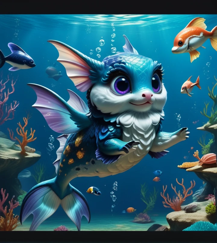 score_9, score_8_up, score_7_up, score_6_up, score_5_up, score_4_up, an adorable, chibi, nebula colored seal, some mermaid scales, big eyes, fluffy fur, underwater, beautiful underwater scenery