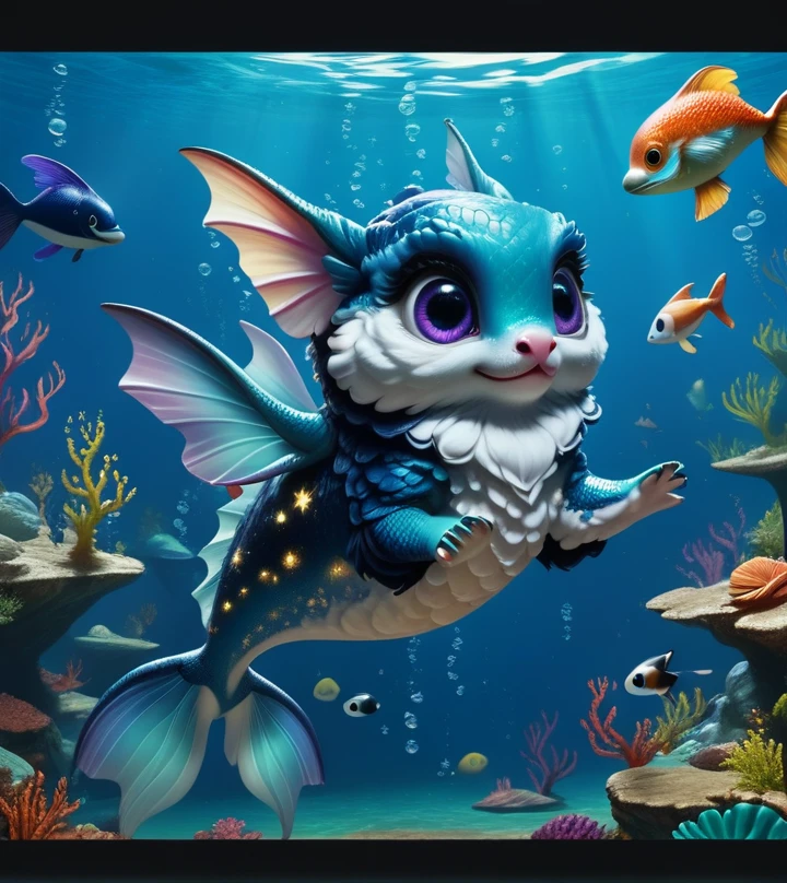 score_9, score_8_up, score_7_up, score_6_up, score_5_up, score_4_up, an adorable, chibi, nebula colored seal, some mermaid scales, big eyes, fluffy fur, underwater, beautiful underwater scenery