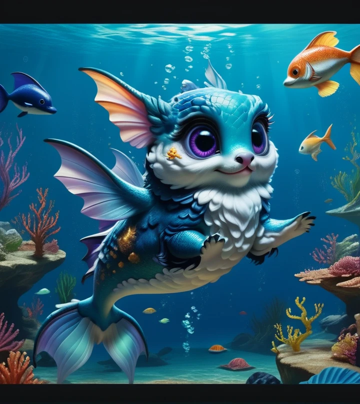 score_9, score_8_up, score_7_up, score_6_up, score_5_up, score_4_up, an adorable, chibi, nebula colored seal, some mermaid scales, big eyes, fluffy fur, underwater, beautiful underwater scenery