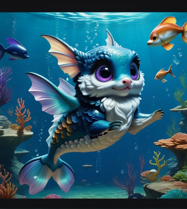 score_9, score_8_up, score_7_up, score_6_up, score_5_up, score_4_up, an adorable, chibi, nebula colored seal, some mermaid scales, big eyes, fluffy fur, underwater, beautiful underwater scenery