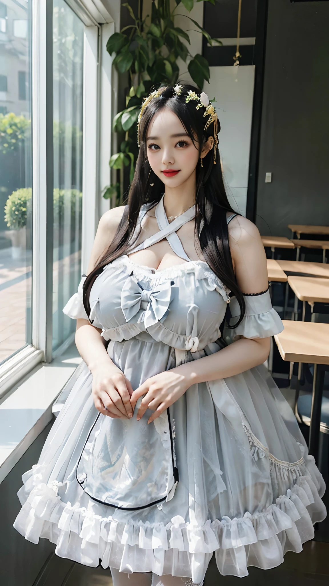 ((masterpiece:1.2、Highest quality、Tmasterpiece))、1 female、alone、classroom、Day、(Korean Idol:1.25)、(Are standing:1.4)、(Black Hair:1.2)、whole body、(Long, slender legs:1.2)、((Forehead:1.4))、Cute face、Medium Hair、Beautiful feet、break、((dress:1.4))、(Big Breasts:1.4)、(tights)、Hoop Earrings、corset、lipstick、(mini skirt:1.2)、blush、smile、(Covered breasts:1.2)、(Thick lips:1.2)、Detailed body、Very detailed絵画, Luminism、4K resolution、3D Rendering、Exquisitely crafted , Cinematic、Realistic、Hit definition、Abstract Beauty、Approaching perfection, Pure Form, Golden Ratio、Very detailed, Digital photography, Soft natural light, 50mm lens, f1.8 Vacancies、blush、Small face、Tight waist、cyb dress, chinese clothes, frills, halter dress, hair ornament