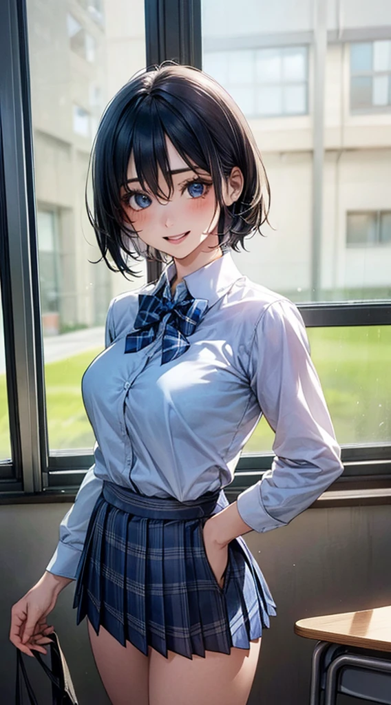 (masterpiece:1.2, Highest quality), (Realistic, photoRealistic:1.4), Beautiful illustrations, 
View your viewers, Cowboy Shot, Front view:0.8, 
1 Girl, Japanese, high school girl, Blue Hair, (short hair:1.4), Bobcut, bangs, Hair between the eyes, blue eyes, Large Breasts:1.0, 
Beautiful Hair, Beautiful Face, Beautiful attention to detail, Beautiful clavicle, Beautiful body, Beautiful breasts, Beautiful thighs, Beautiful feet, Beautiful fingers, 
(Beautiful views), dawn, classroom, machine, Chair, curtain, 
((Collared shirt, White shirt, , Light Broker Digan, Blue plaid pleated skirt, Blue checked bow tie)), White panties, 
Are standing, walking, 
smile, Open your mouth, Hands on hips,