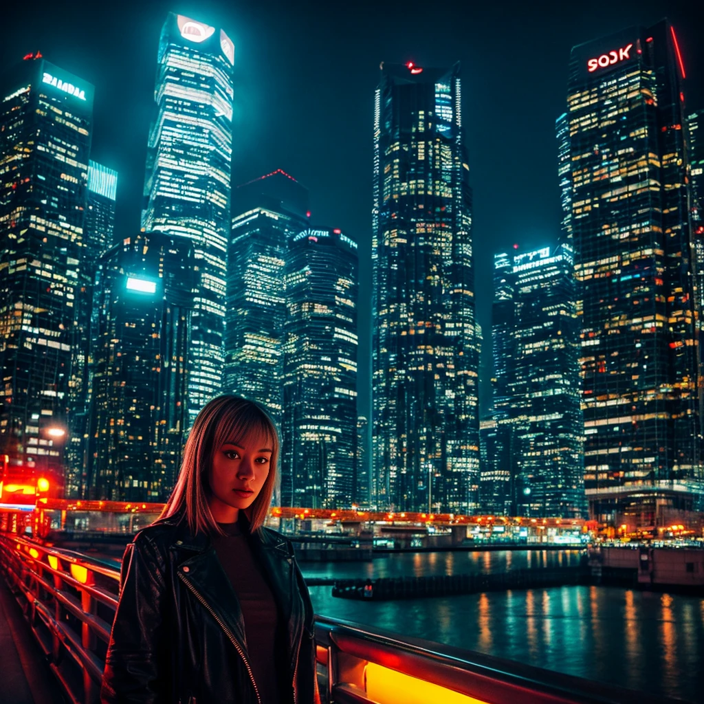 "Futuristic cityscape at night with tall skyscrapers and neon lights. In the foreground, a female android stands, appearing almost human with some visible metallic elements. She has a kind and determined expression. Warm light surrounds her, symbolizing hope and dreams. The android holds a small glowing orb in her hand. The color palette includes deep blues and purples of the night, contrasted by the warm oranges and pinks of the neon lights. The scene should convey a blend of futuristic technology and human emotion."The body is an android。 High resolution, masterpiece, Highest quality, Intricate details, Very detailed, Clear focus, Delicate skin, practical skin texture, texture, Delicate eyes, Professional, 4K, Shot with Canon, 85mm, Shallow and deep,  Kodak Vision Color, Exactly, Very detailed, photograph_\(Extremist\), photographpractical, practical, Post-processing, Maximum details, Roughness, Real Life, Extremist practical, Photorealism, photographgraphy, 8K Ultra HD, photographgraphy