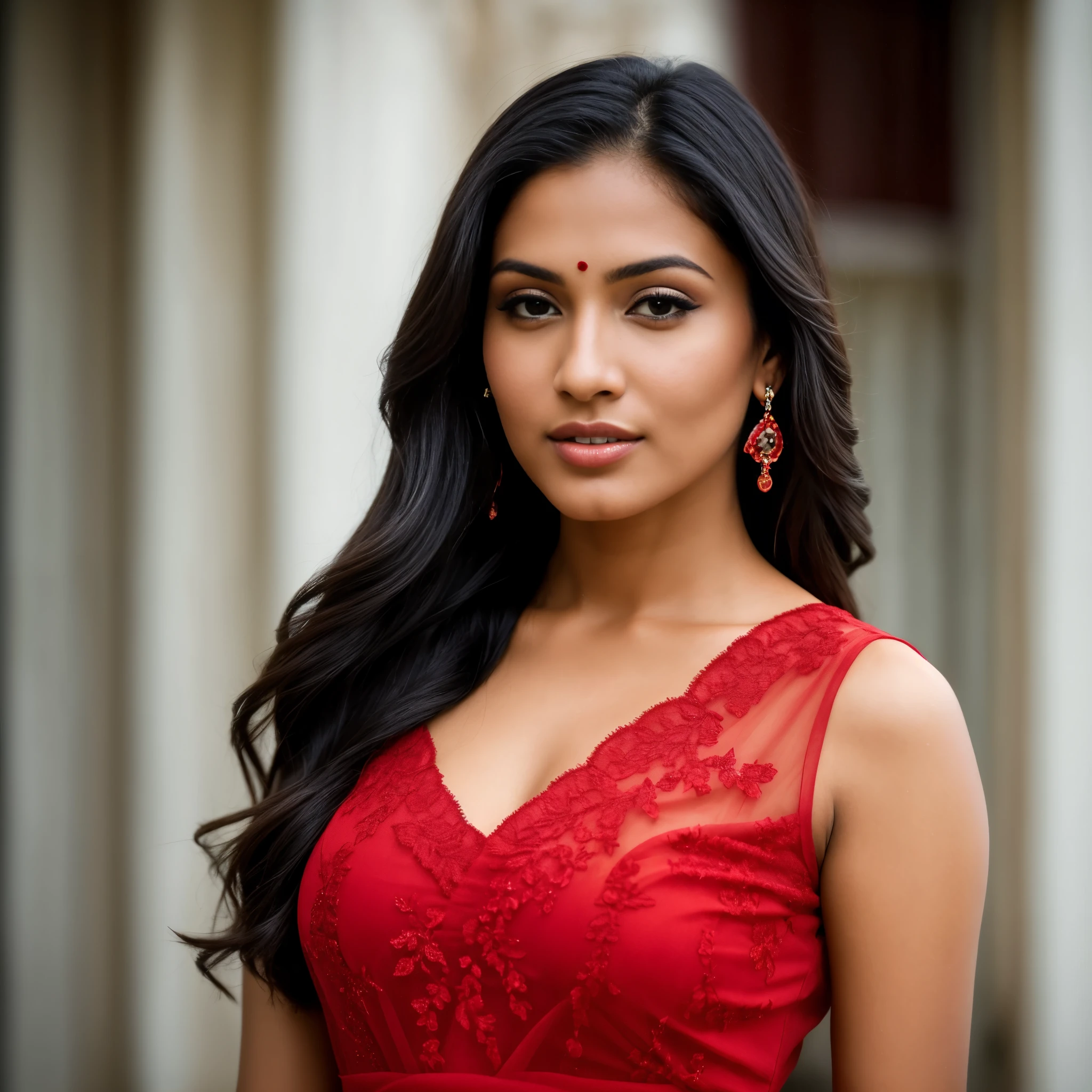 a close up of a woman in a red dress posing for a picture, closeup portrait shot, stunning elegant pose, stunning closeupheadshot, mid-shot portrait of a beautiful, taken with canon 5d mk4, indian super model, taken with canon eos 5 d mark iv, indian, mid shot portrait, shot with canon eoa 6 d mark ii