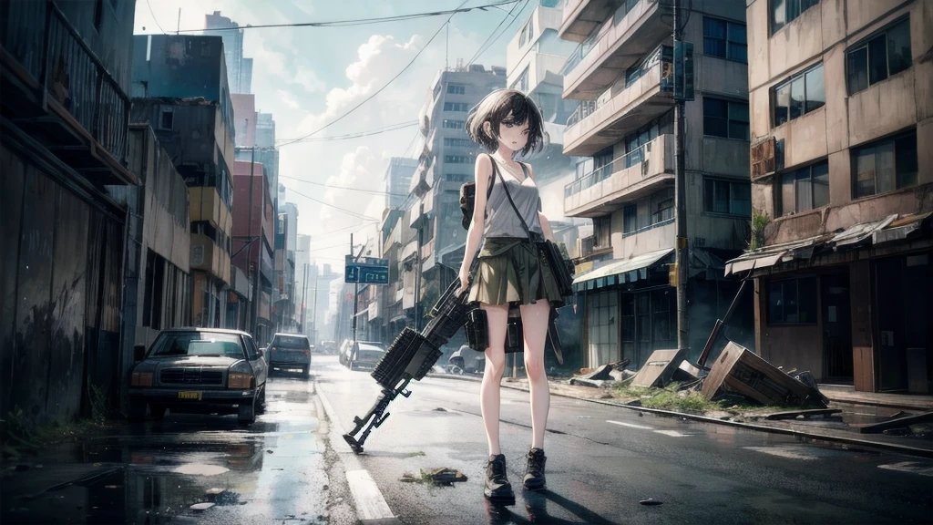 (Torn clothes), Tank top shirt, skirt, Anti-tank rifles, Rocket Launcher, Assault rifle, Beam rifle, Handgun, Abandoned building, Absurd, RAW Photos, Very delicate and beautiful, masterpiece, highest quality, Ultra-high resolution, 32k, Surreal, Super detailed, Detailed Description, Pale skin, 20-year-old, Tearful mole, Earrings, Short Medium Hair, Wavy Hair, Full Body Shot, 