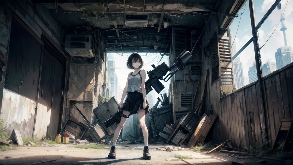 (Torn clothes), Tank top shirt, skirt, Anti-tank rifles, Rocket Launcher, Assault rifle, Beam rifle, Handgun, Abandoned building, Absurd, RAW Photos, Very delicate and beautiful, masterpiece, Highest quality, Ultra-high resolution, 32k, Surreal, Super detailed, Detailed Description, Pale skin, 20-year-old, Tearful mole, Earrings, Short Medium Hair, Wavy Hair, Full Body Shot,