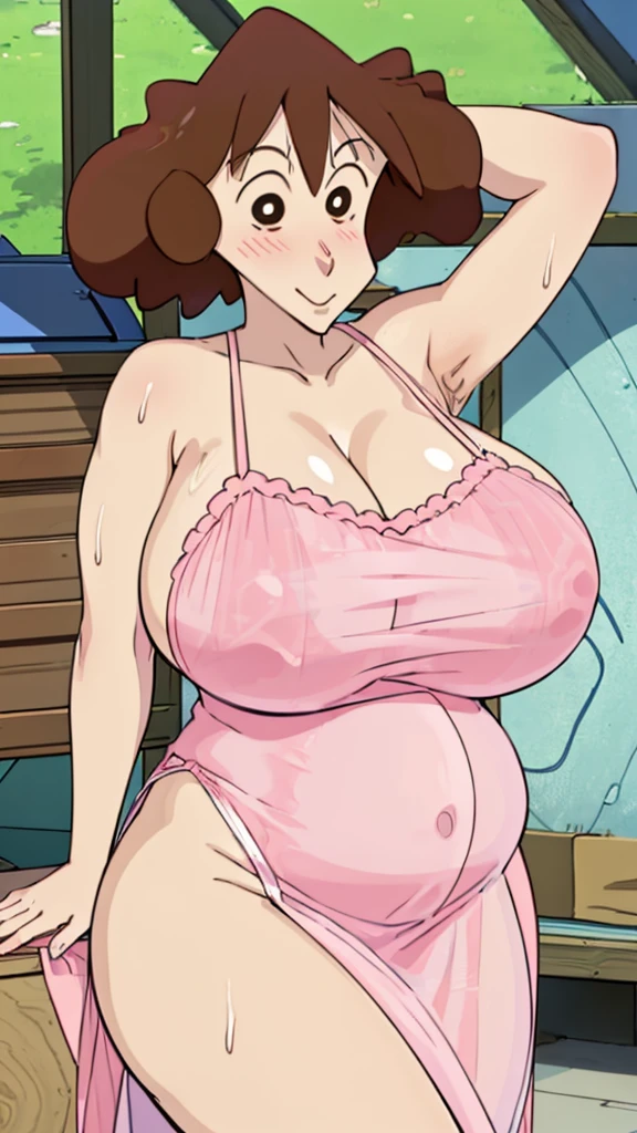 Misae Nohara, (Auntie:1.5), (Mature Woman:1.5), (absurderes, 8K, 4K, masutepiece, hyper extreme detailed:1.2), Best Quality, Perfect Anatomy,Perfect face,High humidity, (Huge breasts:1.7), (A sheer pink nightgown:1.5), (Wet:1.4), Sitting on the floor, (Alley:1.3), Graffitied wall, Garbage can, Scattered trash, (alone:1.5), (Brown eyes:1.2), (Clothing is revealing:1.2), Exposed shoulders, Torn clothes, Are pregnant, Firm breasts, Upturned nipples, Showing cleavage, Mole on chest, (Thick armpit hair:1.4), (blush:1.2), A kind smile, relief, peace of mind, (maternal:1.3), (Gentle look:1.5), Smiling face, (Outdoor:1.5), (Out:1.3)
