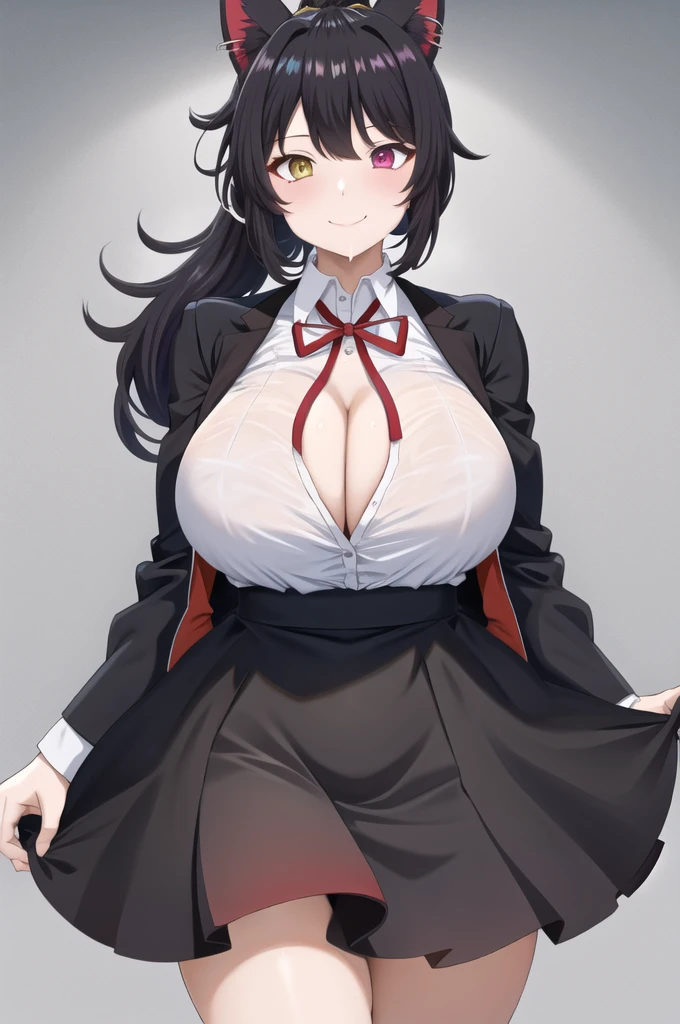 Chomiku Plus Style, Upper Body, Button gap, Neck ribbon, smile, black good, Black Hair, One girl, ponytail, good, Simple Background, White Background, Huge breasts, See-through, skirt, breast focus, good visible through clothes, Mouth closed, alone, collared shirt, white shirt, office lady, Short sleeve, Cleavage, shirt, underwear,animal ears,heterochromia yellow eyes red eyes,