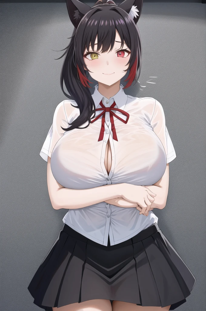 Chomiku Plus Style, Upper Body, Button gap, Neck ribbon, smile, black good, Black Hair, One girl, ponytail, good, Simple Background, White Background, Huge breasts, See-through, skirt, breast focus, good visible through clothes, Mouth closed, alone, collared shirt, white shirt, office lady, Short sleeve, Cleavage, shirt, underwear,animal ears,heterochromia yellow eyes red eyes,