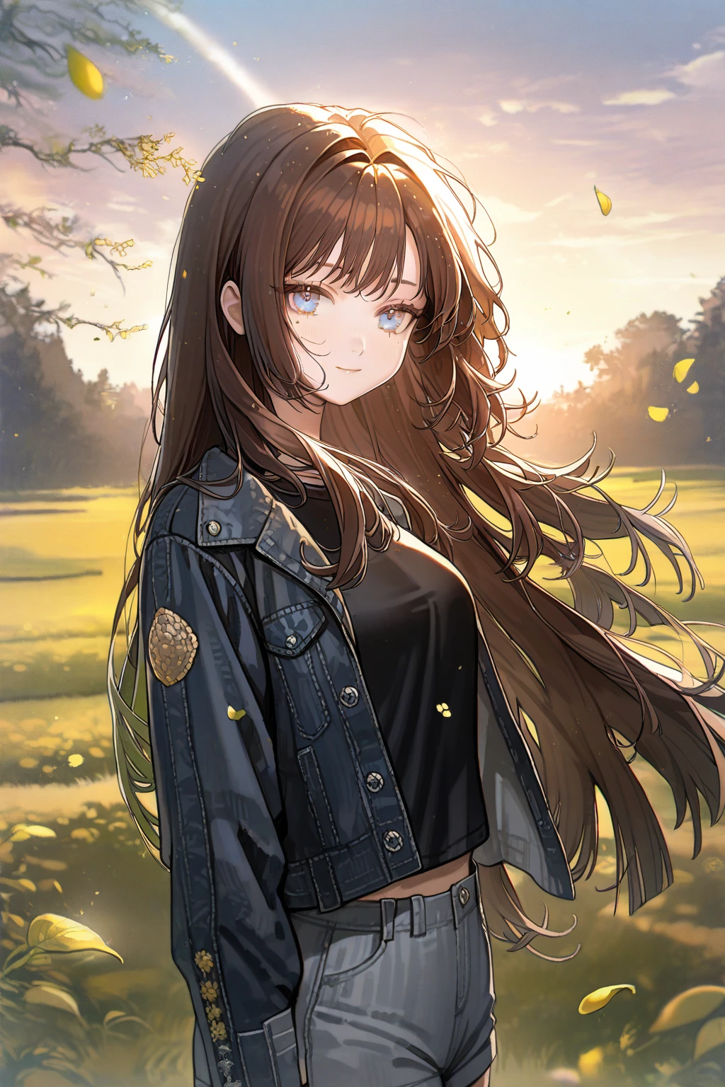 1 girl, CuteStyle, blue eyes, brown hair, long hair with bangs, flowing hair, upper body, dressed in a black T-shirt and gray shorts, black fingerless gloves, black denim jacket unbuttoned with long sleeves, standing in a field, grass, trees on the horizon, beautiful clouds, sunset, rays of the sun, specks of dust in the air, petals of green leaves, wind, light, looking at the viewer, a small smile, calm gaze, detailed, beautiful, blurred background, delicate tones