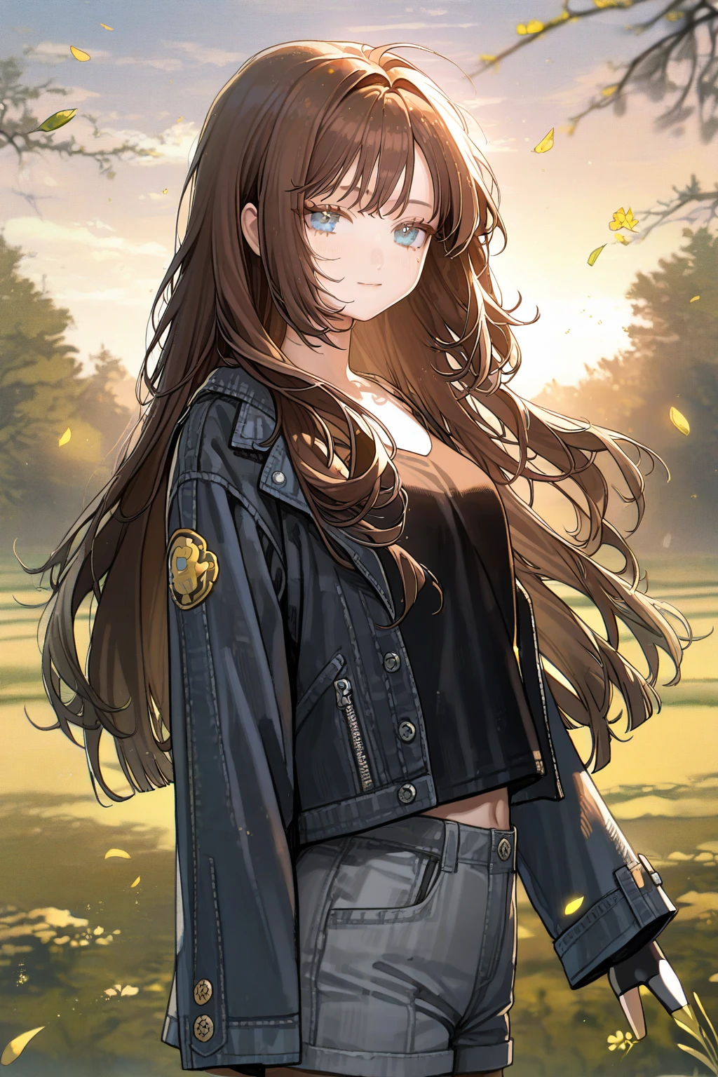 1 girl, CuteStyle, blue eyes, brown hair, long hair with bangs, flowing hair, upper body, dressed in a black T-shirt and gray shorts, black fingerless gloves, black denim jacket unbuttoned with long sleeves, standing in a field, grass, trees on the horizon, beautiful clouds, sunset, rays of the sun, specks of dust in the air, petals of green leaves, wind, light, looking at the viewer, a small smile, calm gaze, detailed, beautiful, blurred background, delicate tones