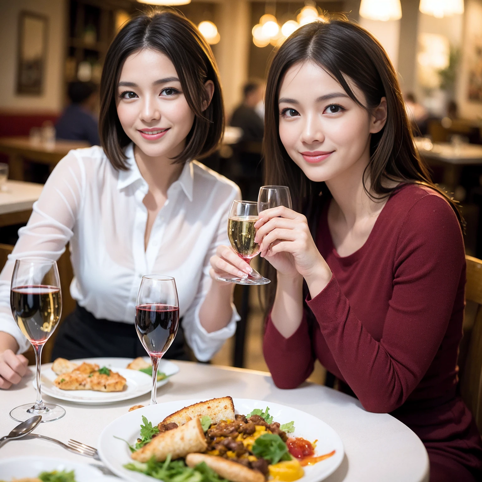 ((Highest quality、8k、masterpiece:1.3))、1 male、1 female、Couple、spouse、Couple、The body is slim、((Bob Hale、Straight hair:1.2)), (Realistic, Intricate details:1.2), テーブルの上のwine glass、Put the light on your face、 Amazing view of the sunset sky and clouds、Amazing mountain views、A bright smile、The wonderfulness of smile、Bright image、The beauty of wine, Beautiful Face, blue eyes, The light shines on your face, Blushing, short hair,Bright Face、 (Age 37), 39 years old, red wine 、Appetizers、Italian food、Wine bottle、Champagne、sparkling wine、Two beauties、Brown Hair、Shortcuts、Long sleeve shirt、dress、Pretty Woman 1, (slimな顔), (The body is slim), (Brown Hair), (Shortcuts), cheeks turn a little red,Attractive beauty、restaurant, In a prominent place (From the waist up) Nova Frog Style, actress, model, Upper Body, White wine, slim, wine glass, 中央に置かれたwine glass, smile, (smile: 1.15), Beautiful fine grain, Depth f/2,saturation, High Contrast, Strong light and shadow,Moist Body:1.5、3D texture、Delicate eyes、Brown Hair、The hair is very shiny、