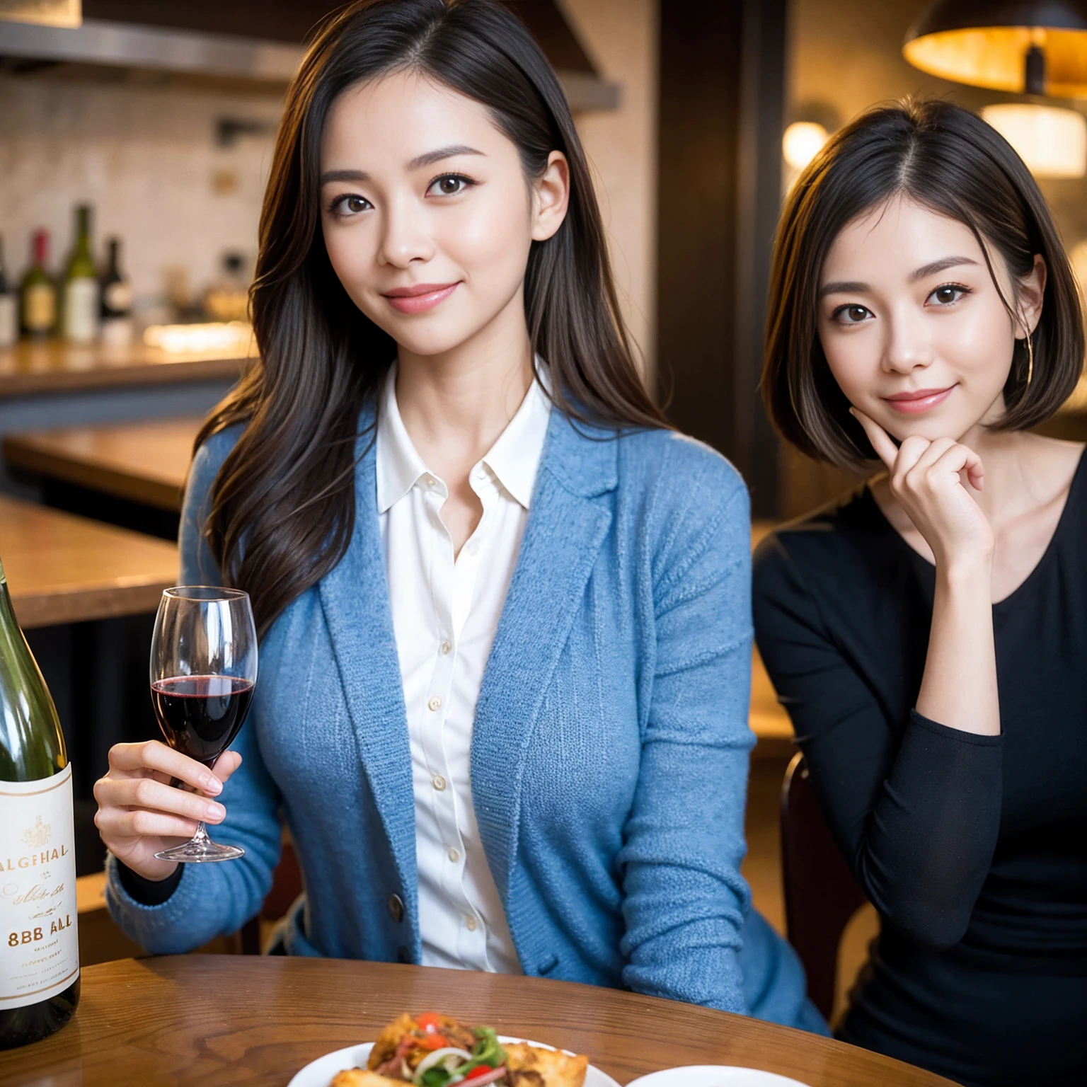 ((Highest quality、8k、masterpiece:1.3))、1 male、1 female、Couple、spouse、Couple、The body is slim、((Bob Hale、Straight hair:1.2)), (Realistic, Intricate details:1.2), テーブルの上のwine glass、Put the light on your face、 Amazing view of the sunset sky and clouds、Amazing mountain views、A bright smile、The wonderfulness of smile、Bright image、The beauty of wine, Beautiful Face, blue eyes, The light shines on your face, Blushing, short hair,Bright Face、 (Age 37), 39 years old, red wine 、Appetizers、Italian food、Wine bottle、Champagne、sparkling wine、Two beauties、Brown Hair、Shortcuts、Long sleeve shirt、dress、Pretty Woman 1, (slimな顔), (The body is slim), (Brown Hair), (Shortcuts), cheeks turn a little red,Attractive beauty、restaurant, In a prominent place (From the waist up) Nova Frog Style, actress, model, Upper Body, White wine, slim, wine glass, 中央に置かれたwine glass, smile, (smile: 1.15), Beautiful fine grain, Depth f/2,saturation, High Contrast, Strong light and shadow,Moist Body:1.5、3D texture、Delicate eyes、Brown Hair、The hair is very shiny、