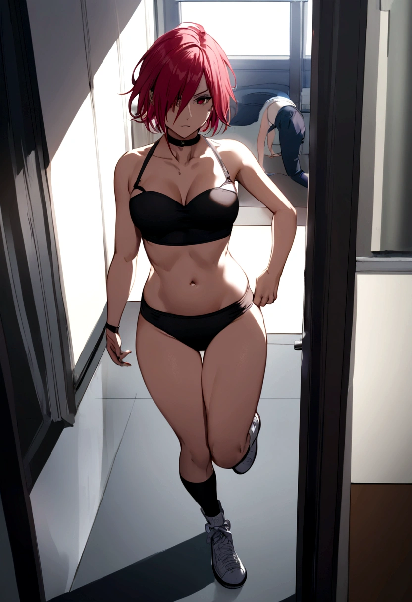(8k, 4k, Masterpiece, Ultra quality, Ultra detail, HDR, Anime, Brighter colors), (1girl, Kitsune ears, Cherry-red hair, medium hair, Bangs over one eye, Tied hair, Blush, Lustful look, Heart pupils, smiling, heavy breath, breasts, (Sport bra, Highleg panty, thigh-highs), Standing , Hands behind back