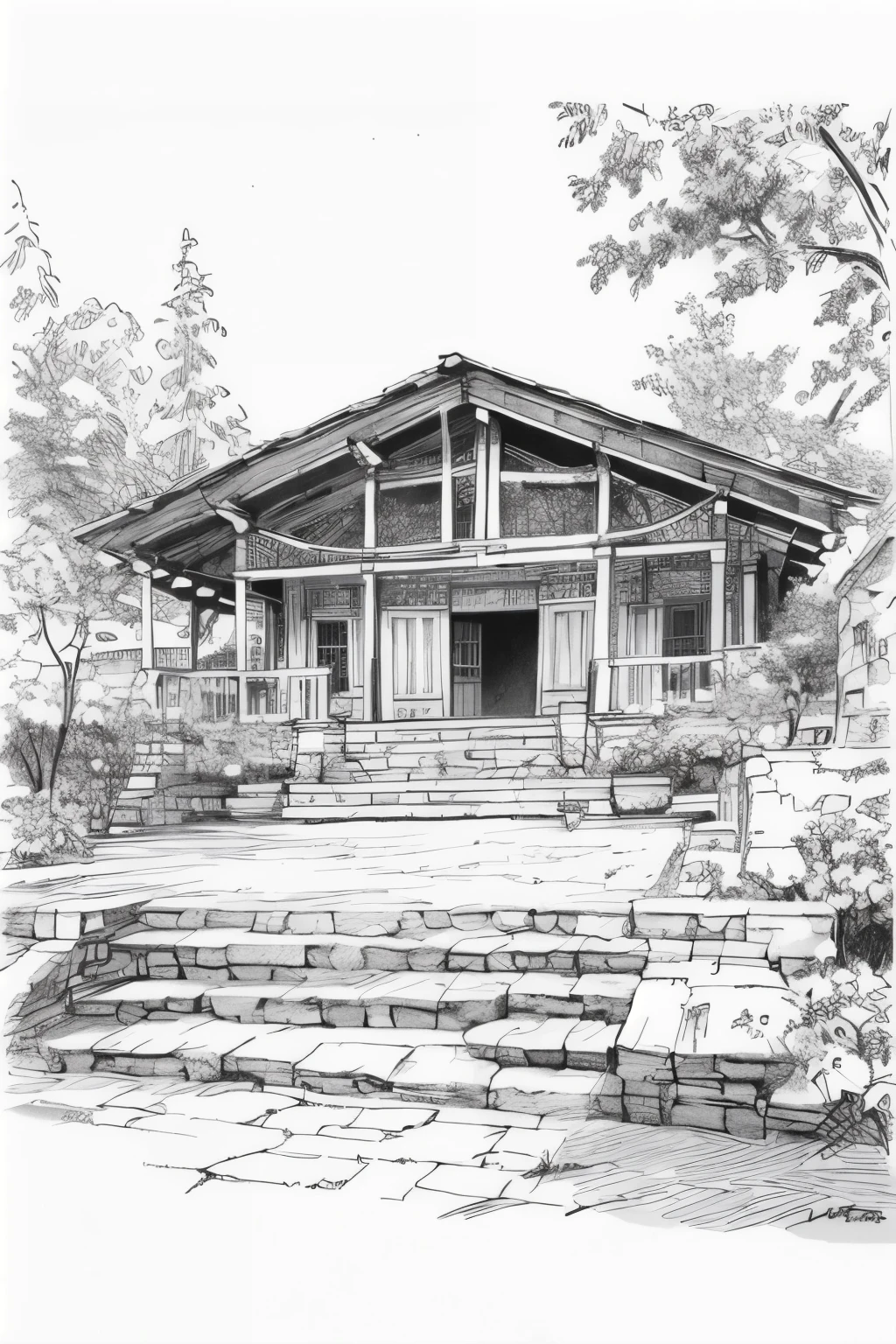 masterpiece,(best quality),detailed,sketch,landscape,houses,stairs,Trees,
