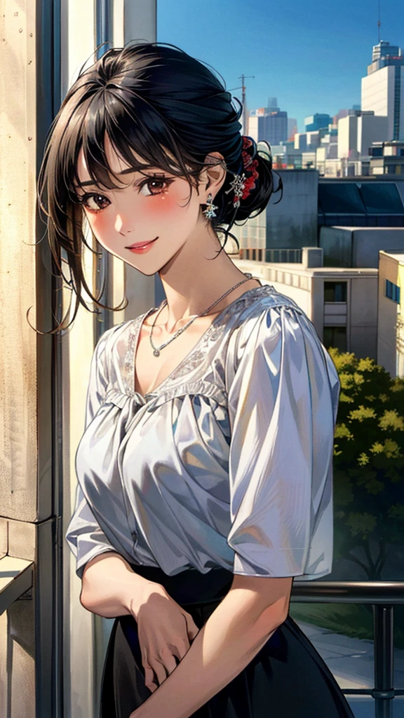 (masterpiece:1.3, Highest quality, Ultra-high resolution, Super detailed), (Realistic, photoRealistic:1.4), Beautiful illustrations, Perfect lighting, colorful, Depth of written boundary,
Beautiful detailed hair, Beautifully detailed face, Beautiful fine details, Beautiful clavicle, Beautiful body, Beautiful breasts, Beautiful thighs, Beautiful feet, Beautiful fingers,
View Viewer, Front view:0.6, 1 girl, Japanese, Female college student, Perfect Face, (Perfect Anatomy, Anatomically correct), Cute and symmetrical face, Baby Face, , Shiny skin,
((blouse:1.4, Long skirt:1.4)),
(Black Hair, Updo Hair:1.4), Brown eyes, Long Eyelashes, (Medium chest), thin,
necklace, Earrings,
(Beautiful views), evening, (city, cityscape in the distance), Are standing, (Place your hand on your chest), (Smile, Lips parted),