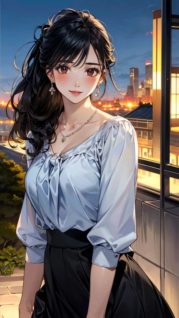 (masterpiece:1.3, Highest quality, Ultra-high resolution, Super detailed), (Realistic, photoRealistic:1.4), Beautiful illustrations, Perfect lighting, colorful, Depth of written boundary,
Beautiful detailed hair, Beautifully detailed face, Beautiful fine details, Beautiful clavicle, Beautiful body, Beautiful breasts, Beautiful thighs, Beautiful feet, Beautiful fingers,
View Viewer, Front view:0.6, 1 girl, Japanese, Female college student, Perfect Face, (Perfect Anatomy, Anatomically correct), Cute and symmetrical face, Baby Face, , Shiny skin,
((blouse:1.4, Long skirt:1.4)),
(Black Hair, Updo Hair:1.4), Brown eyes, Long Eyelashes, (Medium chest), thin,
necklace, Earrings,
(Beautiful views), evening, (city, cityscape in the distance), Are standing, (Place your hand on your chest), (Smile, Lips parted),