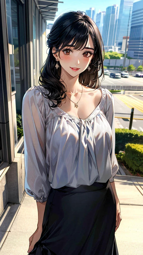 (masterpiece:1.3, Highest quality, Ultra-high resolution, Super detailed), (Realistic, photoRealistic:1.4), Beautiful illustrations, Perfect lighting, colorful, Depth of written boundary,
Beautiful detailed hair, Beautifully detailed face, Beautiful fine details, Beautiful clavicle, Beautiful body, Beautiful breasts, Beautiful thighs, Beautiful feet, Beautiful fingers,
View Viewer, Front view:0.6, 1 girl, Japanese, Female college student, Perfect Face, (Perfect Anatomy, Anatomically correct), Cute and symmetrical face, , , Shiny skin,
((blouse:1.4, Long skirt:1.4)),
(Black Hair, Updo Hair:1.4), Brown eyes, Long Eyelashes, (Medium chest), thin,
necklace, Earrings,
(Beautiful views), evening, (city, cityscape in the distance), Are standing, (Place your hand on your chest), (Smile, Lips parted),