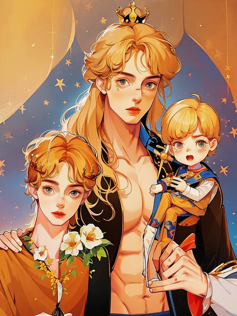 (half body), 1 man, prince, Crown Prince, blonde hair, perfect body, handsome, perfect face, Bare-chested, Six pack,