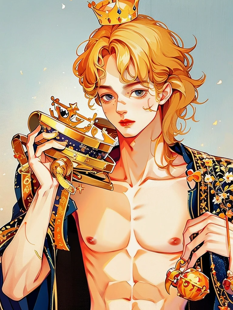 (half body), 1 man, prince, Crown Prince, blonde hair, perfect body, handsome, perfect face, Bare-chested, Six pack,