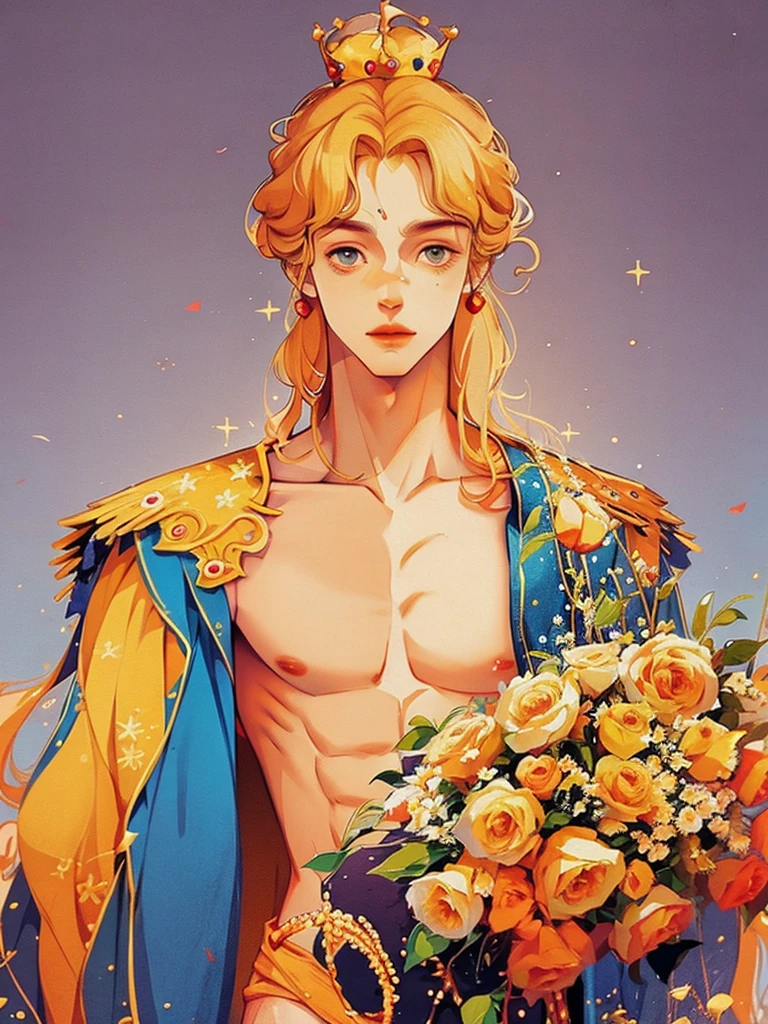 (half body), 1 man, prince, Crown Prince, blonde hair, perfect body, handsome, perfect face, Bare-chested, Six pack,