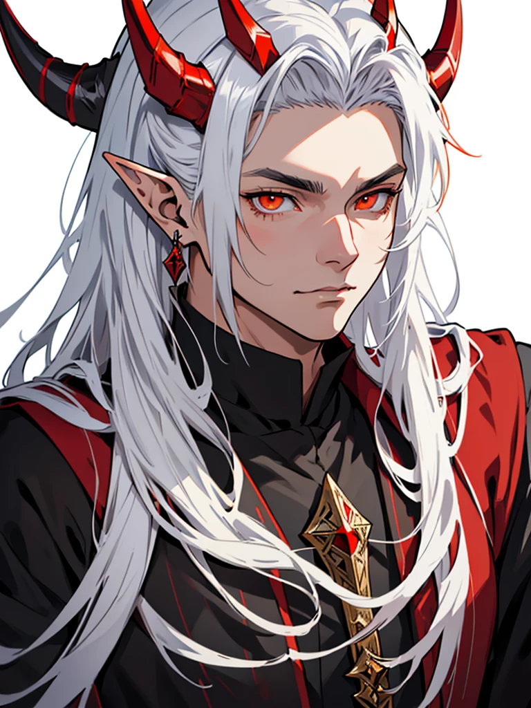 medieval anime art, masterpiece, best quality, by professional artist, male, solo, portrait, detailed composition, detailed eyes, (((white background))), elf ears, long silver hair, spiky horns, (((wearing black and red wizard outfit))), orange eyes, earrings