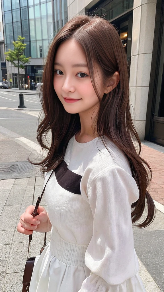 Masterpiece、4K、Photographed from the front、(Cute smile 1.6)Close-up shot、18-year-old female、Brown Hair、mediumhair、⦅Forehead⦆、Fashion Model、In town、Instagram、advertising model、Cute woman、