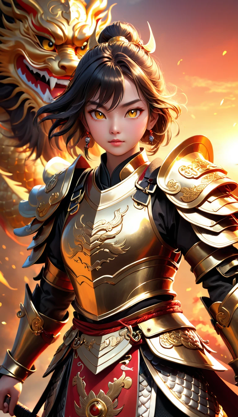 Chinese warriors wore suits of magnificent armor, One boy, From below, A complex Chinese dragon was wrapped around the body of a warrior, Hall々Standing proudly, Emanating strength and power, Dragon scales shimmer in sunlight、I was prepared to face all the challenges that lay ahead.. Holding a spear, Small breasts, Athletic ability, High Contrast, Bright colors, sunset, Golden Light, Full Armor, Highly detailed eyes, 3D Style, Majestic, Fantasy art, Highly detailed dragoneye, embedded:Simple Positive XLv1, 

Super detailed, Ultra-realistic, Sharp focus, Octane Rendering, Trending on CGSociety,