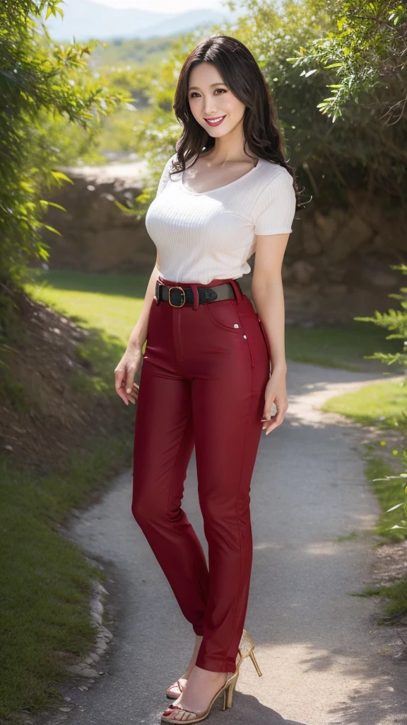 Draw lips correctly, Red lipstick, From the chest up, Super detailed,real, Very delicate skin, Perfect Anatomy (Lonely),Casual pants,Short sleeve,Black belt,Long Wavy Hair,Female, 37 years old,mature,Cute Smile,Scenic spots,Are standing,Leg length,Big Breasts,stand up,Full Body Shot