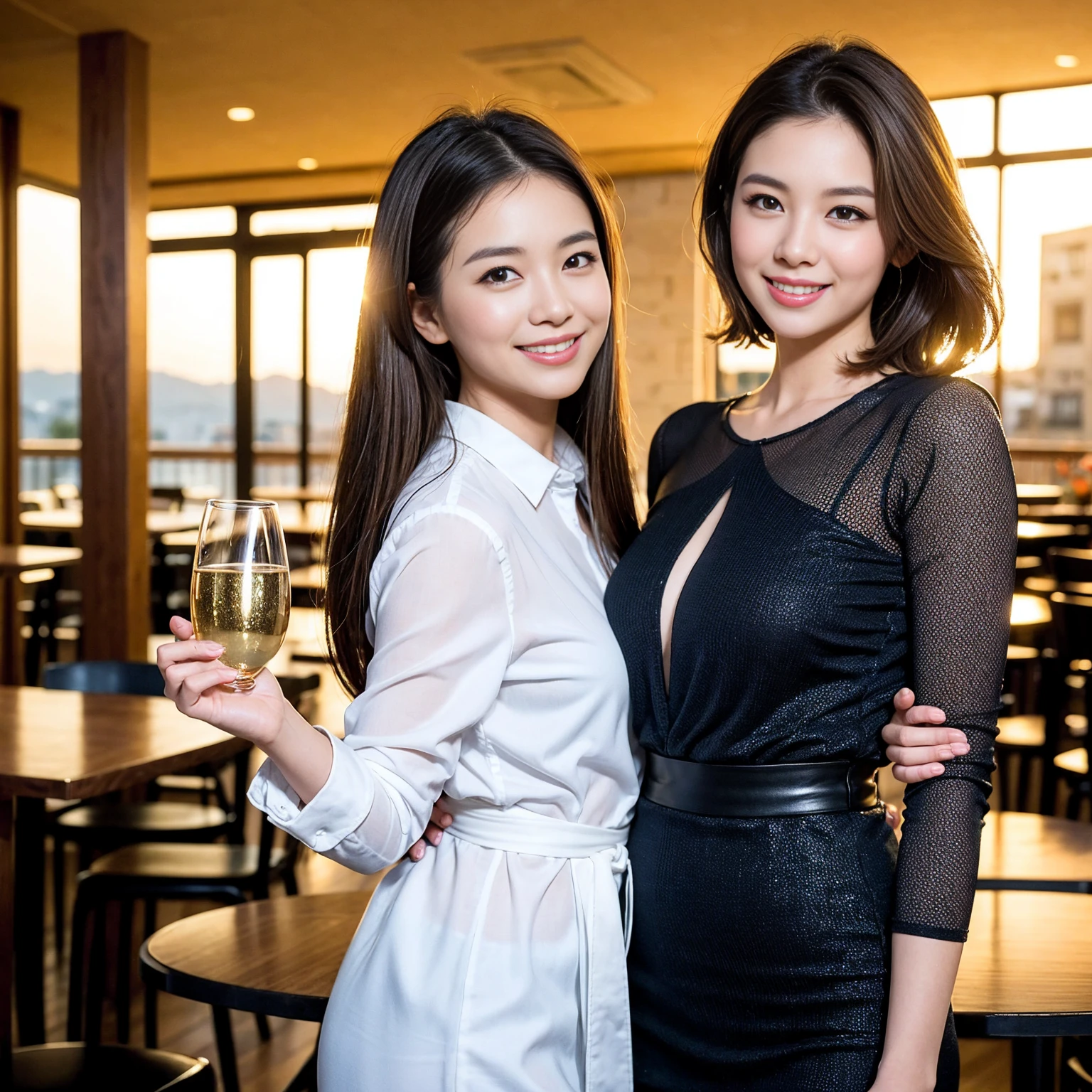 ((Highest quality、8k、masterpiece:1.3))、1 male、1 female、Couple、spouse、Couple、The body is slim、((Bob Hale、Straight hair:1.2)), (Realistic, Intricate details:1.2), テーブルの上のwine glass、Put the light on your face、 Amazing view of the sunset sky and clouds、Amazing mountain views、A bright smile、The wonderfulness of smile、Bright image、The beauty of wine, Beautiful Face, blue eyes, The light shines on your face, Blushing, short hair,Bright Face、 (Age 37), 39 years old, red wine 、Appetizers、Italian food、Wine bottle、Champagne、sparkling wine、Two beauties、Brown Hair、Shortcuts、Long sleeve shirt、dress、Pretty Woman 1, (slimな顔), (The body is slim), (Brown Hair), (Shortcuts), cheeks turn a little red,Attractive beauty、restaurant, In a prominent place (From the waist up) Nova Frog Style, actress, model, Upper Body, White wine, slim, wine glass, 中央に置かれたwine glass, smile, (smile: 1.15), Beautiful fine grain, Depth f/2,saturation, High Contrast, Strong light and shadow,Moist Body:1.5、3D texture、Delicate eyes、Brown Hair、The hair is very shiny、