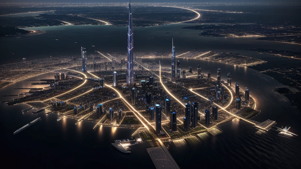 Night view from the plane,futuristic city:1.3,port,Flying spaceship,Skyscraper,masterpiece,best quality,Ultra-high resolution,(Very detailed:1.2),8K,Reality,best aesthetics,beautiful,Reduce the repetition of high-rise buildings and reduce the repetition of low-rise houses 