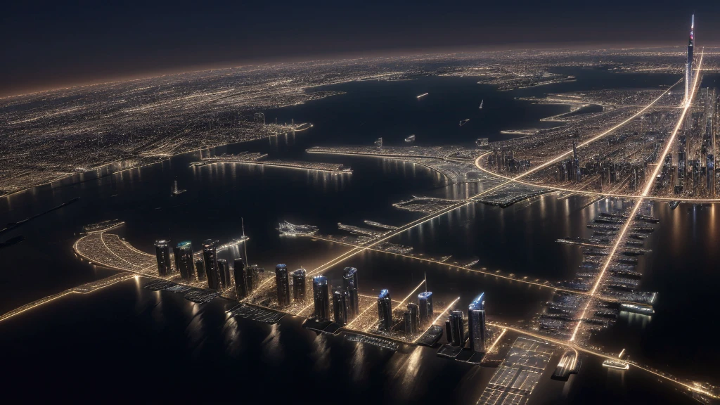 Night view from the plane,futuristic city:1.3,port,Flying spaceship,Skyscraper,masterpiece,best quality,Ultra-high resolution,(Very detailed:1.2),8K,Reality,best aesthetics,beautiful,Reduce the repetition of high-rise buildings and reduce the repetition of low-rise houses 