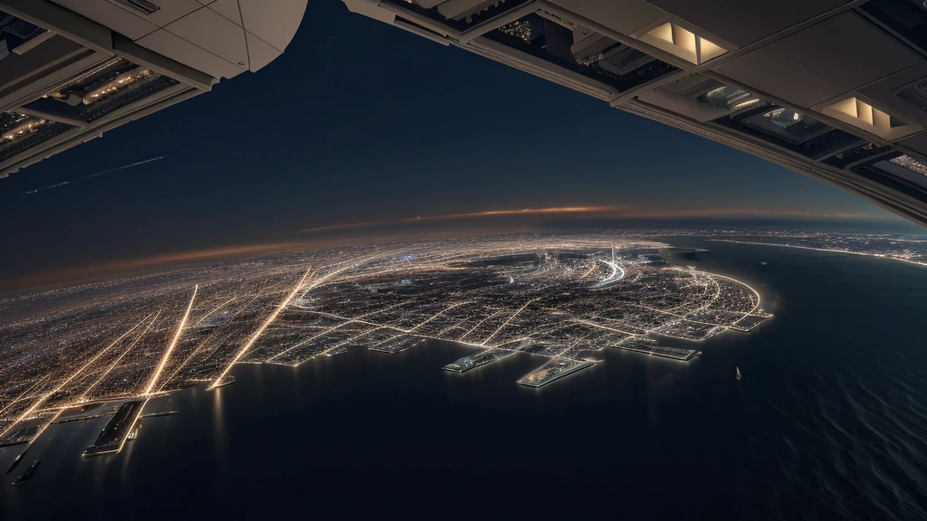 Night view from the plane,futuristic city:1.3,port,Flying spaceship,Skyscraper,masterpiece,best quality,Ultra-high resolution,(Very detailed:1.2),8K,Reality,best aesthetics,beautiful,Reduce the repetition of high-rise buildings and reduce the repetition of low-rise houses