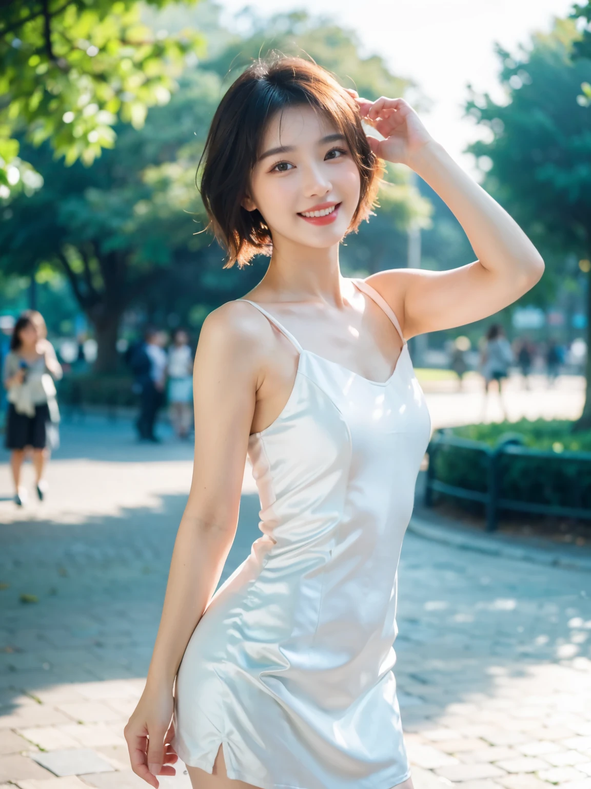 (Best quality,8K,masterpiece:1.3),(Sharp focus:1.2),(Girl in the park:1.2),(Perfect body:1.4),high resolution,4K,A genuine,Ultra-clear,light dress, 1 girl , Short and delicate hair,Show teeth when smiling,On the street