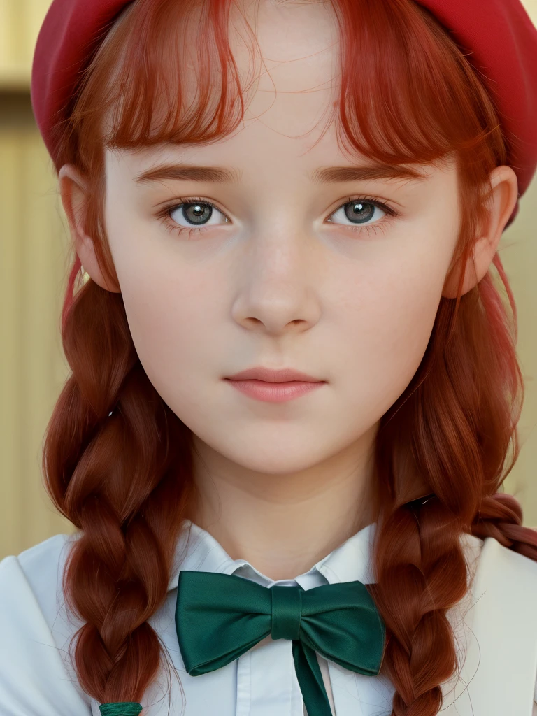 (best quality,4k,8k,highres,masterpiece:1.2),ultra-detailed,(realistic,photorealistic,photo-realistic:1.37), ((classroom, school girl, she wears beret, shy, braided red hair, pale skin)), ((slim body, very large bust size for her young age))